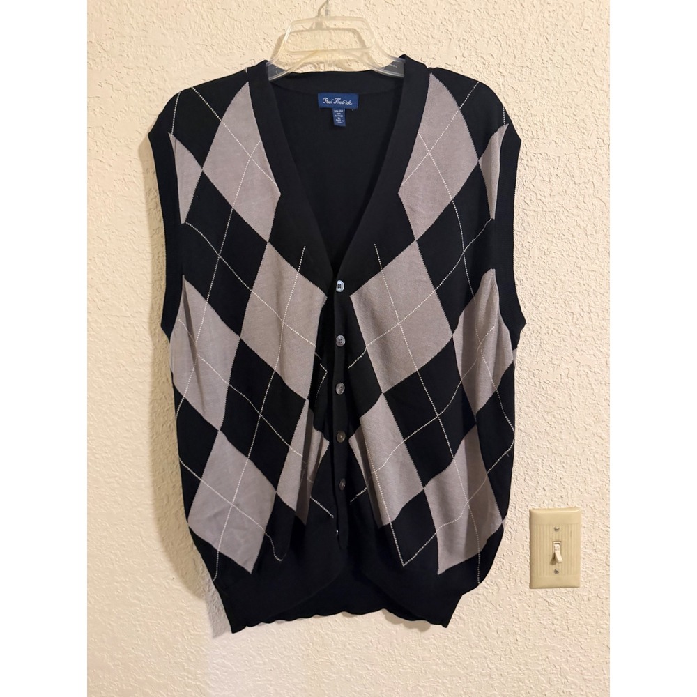 Paul Fredrick Mens Silk Cotton Argyle Cardigan Sweater Vest Black Gray XL